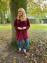 Wine Gathered V Neck Top Elsie