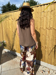 Chocolate Floral Brushwork Print Trousers