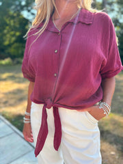 Wine Tie Front Blouse Brielle
