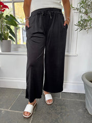 Black Pull On Wide Leg Velour Trousers