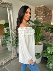 White ruffle bardot top hotsell
