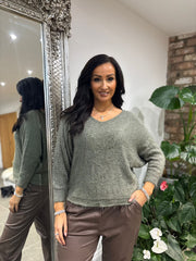 Khaki Shimmer V Neck Knit Seren