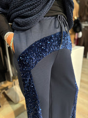 Navy Cropped Sequin Panel Wide Leg Trousers