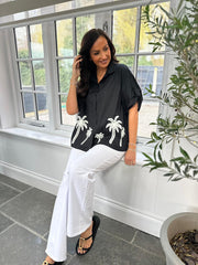 Black Tropical Palm Embroidered Blouse Anya