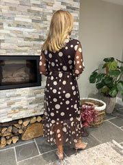 Chocolate Polka Dot Belted Mesh Dress Alana