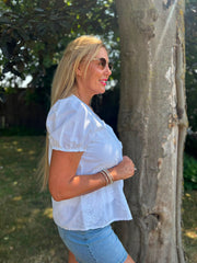 White Buttoned Broderie Flower Top Marcia