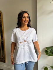 White Textured Sequin Flower Tee Fiona