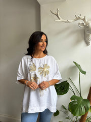 White Metaillic Flower Print Top Lila