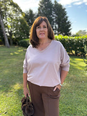 Pink Fringed Neck Top Donna