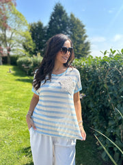 Blue Crochet Floral Striped Top Gemma