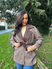 Chocolate Checked Belted Jacket Clementine
