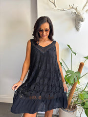 Black Mesh Floral Lace Dress Gabriella