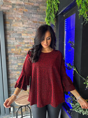Red Frill Sleeve Shimmer Top Pamela