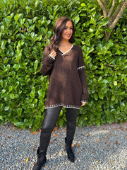 Chocolate Blanket Stitch V Neck Jumper Jenny