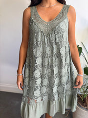 Khaki Mesh Floral Lace Dress Gabriella