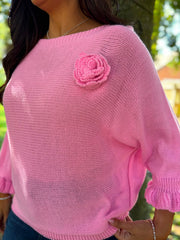 Pink Applique Ruffle Sleeve Knit Crystal