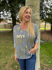 Navy Gold Heart Knit Top Jenna