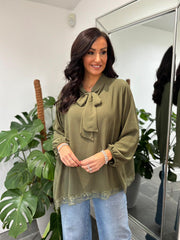 Khaki Pussy Bow Blouse Ellis