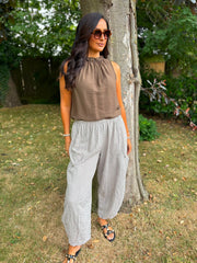 Mocha Gingham Barrel Leg Trousers