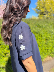 Navy Applique Floral Crepe Top Astra