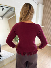 Wine Long Sleeve Fringed Knit Amara