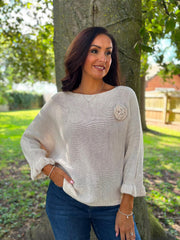 Stone Applique Ruffle Sleeve Knit Crystal