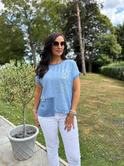 Denim Asymmetric Panel Flower Top Adele