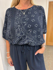 Navy Paisley Bubble Cotton Bubble Hem Top Rita
