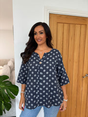 Navy Polka Dot Button Top Mercy