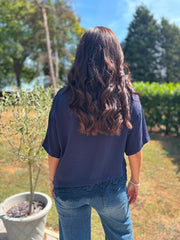 Navy Asymmetric Lace Trim Top Maria