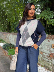 Navy Short Sleeve Argyle Knit Rylie