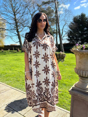 Mocha Flower Pattern Shirt Dress Savana