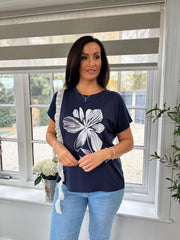 Navy Diamante Floral Lace Trim Tee Aria