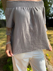 Mocha Bubble Cotton Lace Trim Top Adele