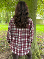 Wine Faux Leather Trim Checked Shirt Jess