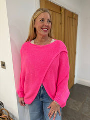 Bright Pink Knitted Longline Wrap Jumper Nell