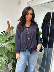Navy Brooch Tie Front Blouse Megan