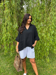 Black Bubble Cotton Pocket Blouse Carol