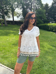 White Floral Lace Tassel Hem Top Gabby