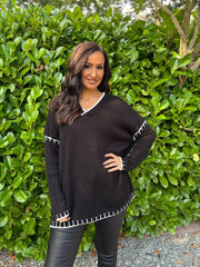 Black Blanket Stitch V Neck Jumper Jenny