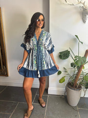 Navy Multi Print Kaftan Tunic Dress Fern