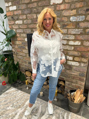 White Sheer Applique Floral Blouse Harriet