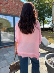 Pink Frayed Detail V Neck Top River