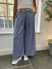 Denim Tailored Wide Leg Pinstripe Trousers