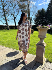 Mocha Flower Pattern Shirt Dress Savana