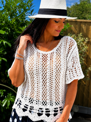 White Sequin Crochet Open Knit Top Holly