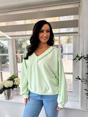 Mint Slogan V Neck Sweatshirt Dakota