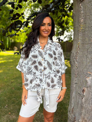 Chocolate Leaf Print Tie Front Blouse Brielle