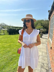 White Frill Sleeve Bubble Cotton Dress Alison