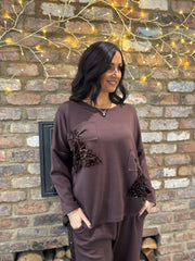 Chocolate Sequin Bow Sweat Top Emma